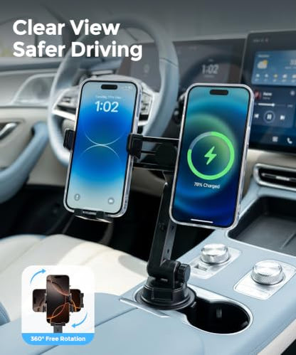 Qi2.2 25W Dual Cup Holder Car Charger with MagSafe Mount, Holds 2 Phones - color: Clamp & Charger