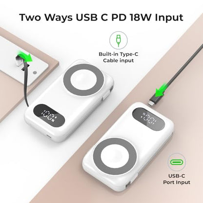 Magnetic Portable Charger 26800mAh for iPhone 18/17/16/15/14/13/12 with Built-in Cables，6-in-1 Wireless Power Bank with iWatch Charger and Compatible with Samsung, Android Phones(White)