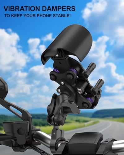 iMESTOU Anti-Vibration Motorcycle Phone Mount, Shock Damping Bike Cellphone Holder with 1" Ball Mount Base 720° Rotatable Fits for 12-32mm Handlebars, Widely Compatible with 5.4"-7.0" Smartphones