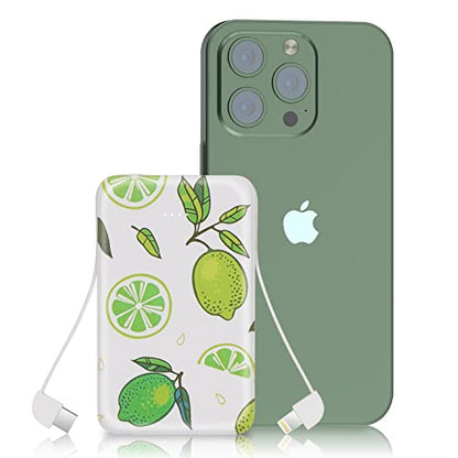 Sethruki Portable Charger 5000mAh Cute Ultra Slim USB C Power Bank for Girls Mini Fast Charging Small Battery Pack with Built in Cables for iPhone iPad Samsung Pixel Android Phones,Lemon - color: green