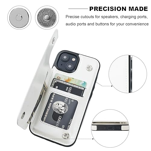 ONETOP Compatible with iPhone 15 Wallet Case with Card Holder, PU Leather Kickstand Card Slots Case, Double Magnetic Clasp and Durable Shockproof Cover 6.1 Inch (White) | Kickstand,ID/Cash Holder,Case Wallet with Card Slots,Double Magnetic Clasp,Durable P