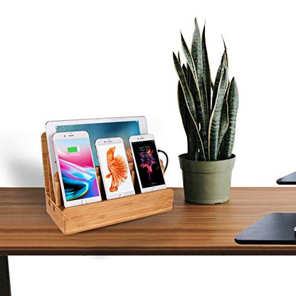 Bamboo Wood Multi-Device Desktop Charging Dock Station Charger Holder Cradle Stand Compatible for iPhone 16 15 14 13 12 11 Pro Max iPad mini Pro Air Laptop Tablets Samsung LG Sony Smartphones - color: Large