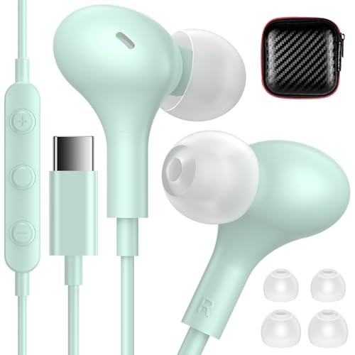USB C Headphones for Apple/iPhone Duo 18 17 16 15 Wired Earbuds with Case - color: Mint