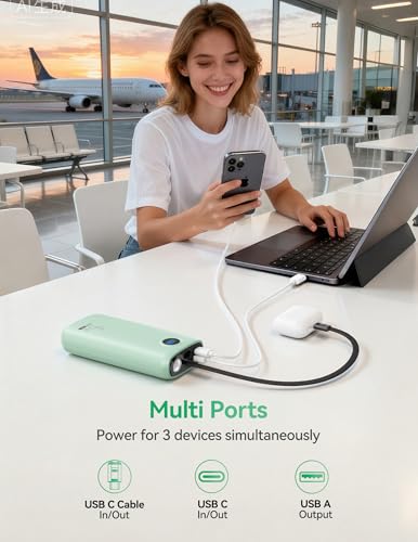 DIAMUAR Portable Charger 20000mAh 45W, Built in USB C Cable, 3W Flashlight - color: Natural Teal