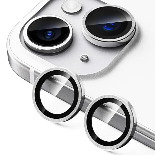 2 Pack Camera Lens Protector for iPhone 14/iPhone 14 Plus/iPhone 15/iPhone 15 Plus,9H Tempered Glass Scratch Resistant Metal Ring Camera Cover Accessories,Silver - color: Silver