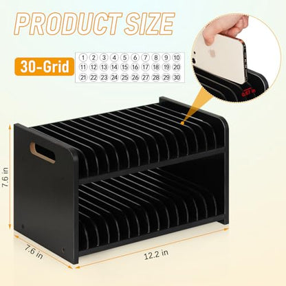 30-Grid Wooden Cell Phone Holder stand with 1-30 Number Stickers, Black - color: Black