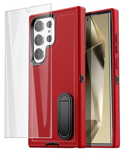 AICase for Samsung Galaxy S24 Ultra Case Built-in Stand with Glass Screen Protector,Heavy Duty Drop Protection Full Body Rugged Shockproof Military Protective Tough Durable Cover for S24 Ultra 5G_4 - color: Energy Red/black+Glass Protector, size: Galaxy S