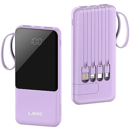 Portable Charger with Built in Cables,10000mAh Slim USB C Power Bank,Purple - color: Purple
