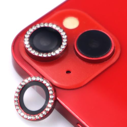 Camera Lens Protector for iPhone 15/15 Plus/14/14 Plus Bling Diamond Metal Ring Rhinestone Tempered Glass Lens Cover Accessories (Red) - color: Red