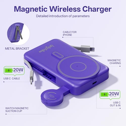 Magnetic Portable Charger Built-in Cables,10000mAh Fast Charging Wireless Charger Station External Battery Pack Slim Pocket Size Power Bank with Stand Compatible with iWatch, iPhone - color: Blue