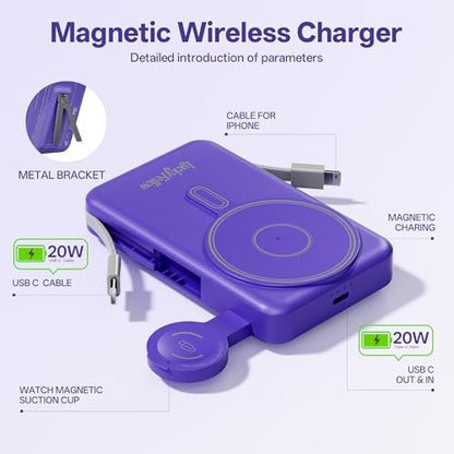 Magnetic Portable Charger Built-in Cables,10000mAh Fast Charging Wireless Charger Station External Battery Pack Slim Pocket Size Power Bank with Stand Compatible with iWatch, iPhone - color: Blue
