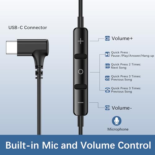 USB C Earbuds for Samsung S26 S25 Wired C Plug Headphones 90° Right Angle