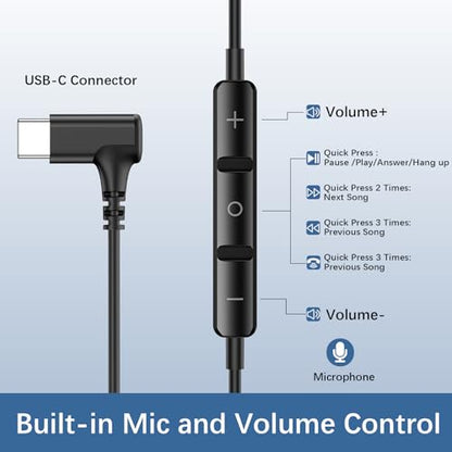 USB C Earbuds for Samsung S26 S25 Wired C Plug Headphones 90° Right Angle