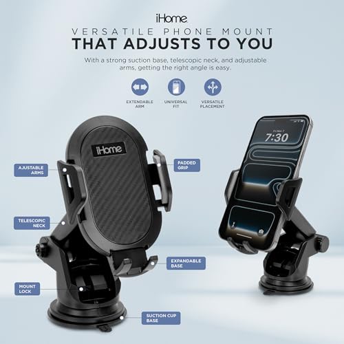 iHome Car Mount, Dashboard/Windshield/Vent Mount, Swivel Neck, Silicone Grip, Adjustable Mount Arm with Suction Cup Base (Extendable Car Mount) - style: Extendable Car Mount