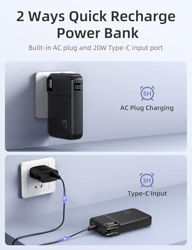 RORRY Portable Charger 3 in 1 with Wall Plug 10000mAh Power Bank for iPhone - color: Black
