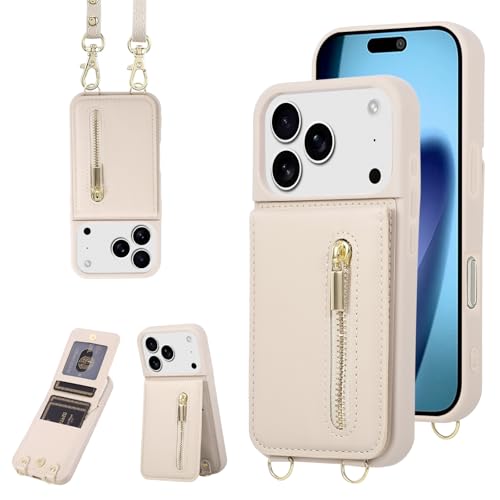 Crossbody Wallet Case for iPhone 17 Pro with Lanyard Strap Card Slot Holder RFID Blocking Kickstand,Magnetic Flip Folio Zipper Purse Case, PU Leather Cover Handbag,Beige - color: Beige, size: iPhone 17 Pro(6.3")