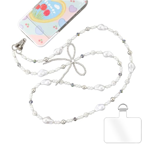 Phone Chain Crossbody Pearl Strap,Pearl Beaded Chain Shoulder Crossbody Lanyard with Phone Tether Patches Compatible with Most Phones Bag Purse(G) - color: G