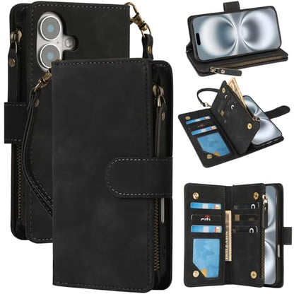 RANYOK Compatible with iPhone 16 Case Wallet - PU Leather Wallet Case for iPhone 16 with Credit Card Holder RFID Blocking Zipper Pocket with Wrist Strap Flip Folio Protective Case (Black) - color: Black, size: iPhone 16, 6.1"