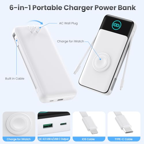 Portable Charger for iPhone with Built-in Cables and AC Wall Plug,26800mah Fast Charging USB C Power Bank,25W PD Travel Essential Battery Pack for iPhone 17/16/15/14/13,Galaxy,Apple Watch (White) - color: White