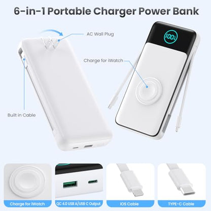 Portable Charger for iPhone with Built-in Cables and AC Wall Plug,26800mah Fast Charging USB C Power Bank,25W PD Travel Essential Battery Pack for iPhone 17/16/15/14/13,Galaxy,Apple Watch (White) - color: White