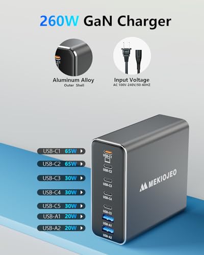 MEKIOJEO Aluminum Alloy 260W USB C Charger GaN Fast USB C Charging Station