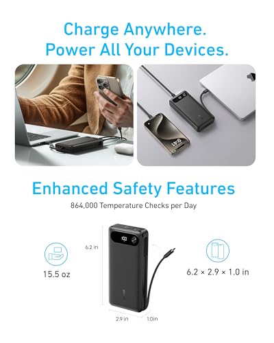 Anker Power Bank, 20,000mAh Travel Essential, Built-in USB-C Cable(Black) - color: Black