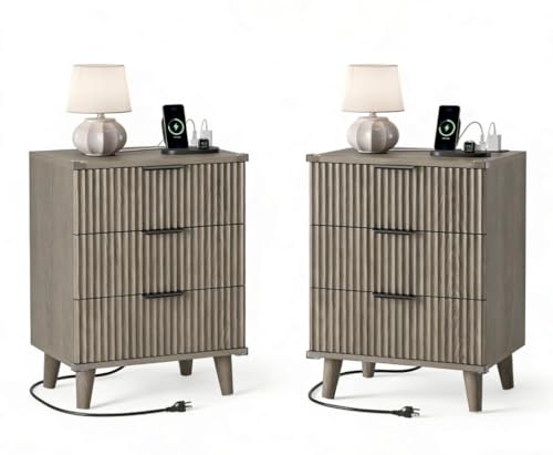 Wood Nightstands Set of 2 w/Charging Station, 3 Drawers Fluted Dresser - color: Dark Grey, size: 3 Drawers-Set of 2 Nightstand