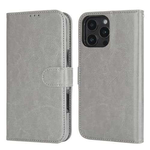 Bocasal Detachable Wallet Case Card Holder for iPhone 16 Pro Max Grey | RFID Blocking Kickstand Card Slots Holder PU Leather Magnetic Shockproof Wrist Strap Removable Flip Protective Cover 6.9 inch - color: Gray