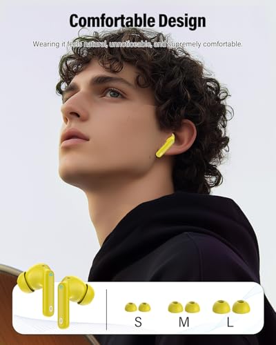 Wireless Earbuds, Bluetooth 5.4 Headphones Bass Stereo/Clear Calls, Yellow - color: Yellow