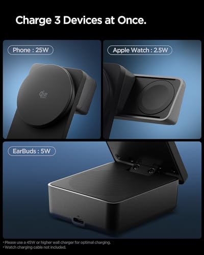 Spigen 3 in 1 Wireless Charging Station, Qi2.2 25W Fast Charger for MagSafe