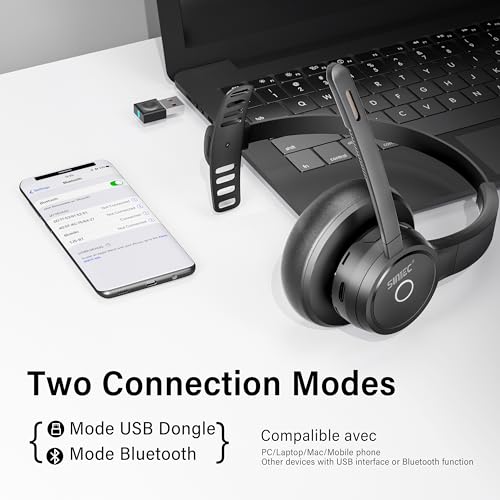 Bluetooth Headset with Noise Cancelling Microphone: Wireless Headphones with Mic Mute Charging Dock and USB Dongle for Work from Home/Office/PC/Computer/Laptop/Call Center/Zoom/Teams