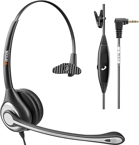 Wantek 2.5mm Headset with Microphone, Wired Phone Headset, Noise Cancelling & Volume Controls, Telephone Headphone Compatible with Panasonic, Cisco, Polycom, Gigaset's 2.5mm Jack Phone Headset - color: Dark black