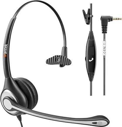 Wantek 2.5mm Headset with Microphone, Wired Phone Headset, Noise Cancelling & Volume Controls, Telephone Headphone Compatible with Panasonic, Cisco, Polycom, Gigaset's 2.5mm Jack Phone Headset - color: Dark black