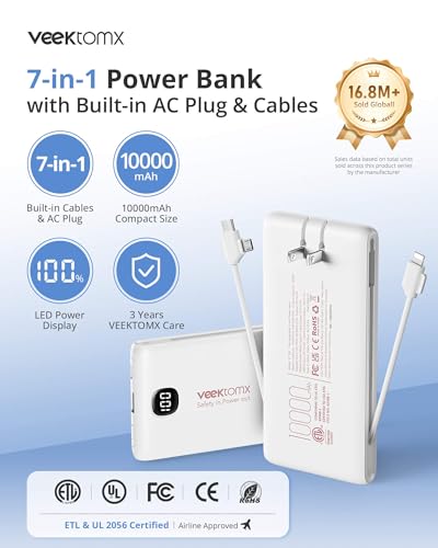 VEEKTOMX 10000mAh Portable Charger with Built-in Cables & Wall Plug - color: Pure White