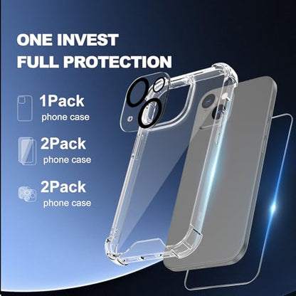 for iPhone 15 Case Clear - 5-in-1 Camera Lens and Glass Screen Protector - size: iPhone 15