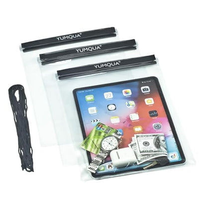 YUMQUA Waterproof Pouch Clear Dry Bag Document Map Holder Large Size 3PACK | Screen Touch, Water Proof Water Tight Map Case, Protect Kindle Tablet Cloth Dry Against Sand Water for Hiking Boating Fishing - color: Black