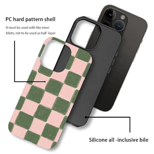 ZHEGAILIAN Case Compatible with iPhone 14 Pro,Pink and Green Checkered Design Phone Case, Matte Mixed Double-Layer Hard Shell+Soft Silicone TPU Shock Protective - color: Pink and green checkered, size: iPhone 14 Pro