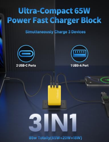 85W Dynamic Power GaN USB-C Fast Charger, 2C1A 3-Port, Max 65W, 2 Pack - color: Yellow, size: 2Pack