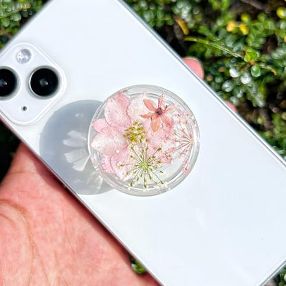 Petite Pressed Pink Flowers Phone Grip,Handmade Dried Flowers Clear Phone Stand, Expanding Cell Phone Charms Accessory, Interchangeable Kickstand, Collapsible Handle Grip Holder for Kindle