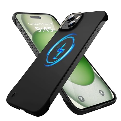 GRECAZO Magnetic Slim Frameless Case for iPhone 15 Plus, Black | Compatible with MagSafe, Soft-Touch Matte Hard PC Cover, Ultra Thin Lightweight Minimalist, Pull Ring Lanyard, 6.7 Inch - color: Black, size: iPhone 15 Plus