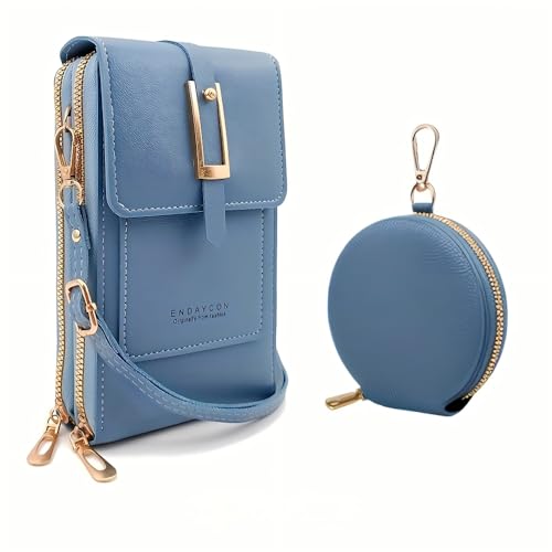 2-Piece Touchscreen Phone Crossbody Bag, Faux Leather Mini Purse with Detachable Coin Pouch - color: Blue