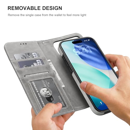 Bocasal Detachable Wallet Case Card Holder for iPhone 17 Pro Max Grey | RFID Blocking Kickstand Card Slots Holder PU Leather Magnetic Shockproof Wrist Strap Removable Flip Protective Cover 6.9 inch - color: Gray