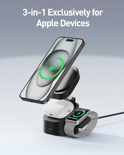 iWALK 3-in-1 Magnetic Wireless Charging Stand, 15W Foldable Charger Station for iPhone 16/15/14/13/12, Apple Watch & AirPods, Adjustable Dock with 20W USB-C Adapter - color: black