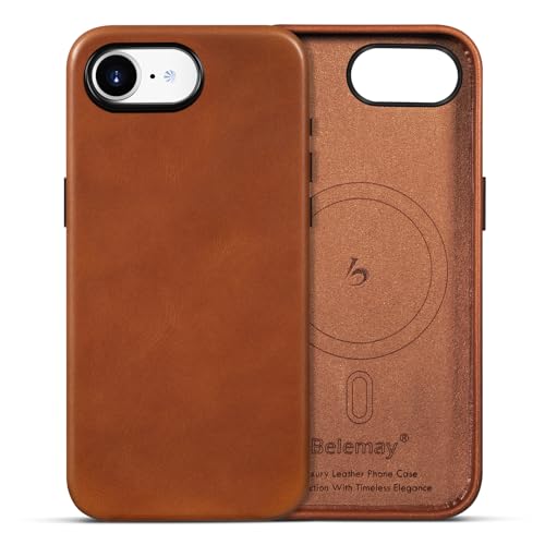 Belemay Handcrafted Full-Grain Vegetable-Tanned Leather Case for iPhone 17e / iPhone 16e, Compatible with MagSafe, Two-Tone Effect, Natural Patina, Metal Buttons Luxury Cover (6.1"), Saddle Brown - color: Saddle Brown