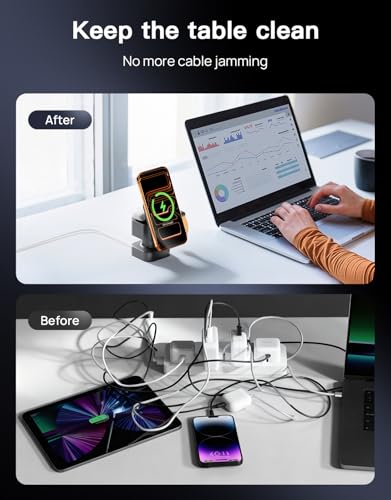 3 in 1 Wireless Charging Station, Wireless Charger with Night-Lamp & Retractable Design, Phone Wireless Charger Fast Charger for Phone 17/16/15/14/13/12/11/X Pro/Max/Plus/Watch/pods