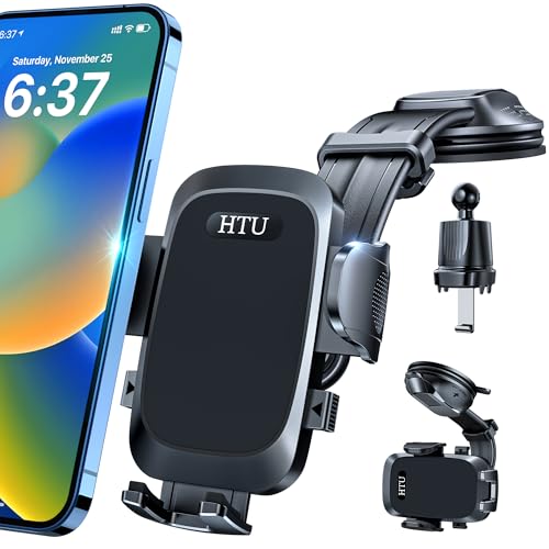 HTU [True Military-Grade Car Phone Holder [2026 Upgraded Strongest Suction & Vent Clip] Cell Phone Car Mount for Dashboard Windshield Vent Truck Cradle Dash Stand,(Black)