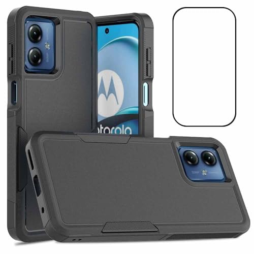 for Moto G14 Case Dual Layer Hard Shockproof Protective Case with Tempered Glass Screen Protector Heavy Duty Hybrid Full Body Anti-Scratch Anti-Slip Phone Cover Black - color: Moto G14