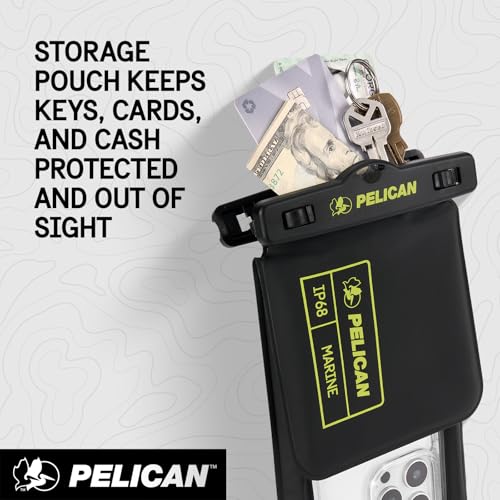 Pelican Marine Waterproof Phone Pouch w/Storage Pocket -Black/Hi-Vis Yellow | Large Touchscreen IP68 Floating Waterproof Phone Case w/Detachable Lanyard - Fits All Phones - Beach Cruise Travel Essentials - color: Black/Neon - 1 Pack - Large w/ Storage Poc