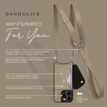 Bandolier Hailey Leather Crossbody Phone Case iPhone 15 Pro Max- Greige | Crossbody leather phone case. Built-in wallet w/ snap-closure. Adjustable & removable leather strap. Phone drop protection. - color: Greige/Silver, size: iPhone 15 Pro Max