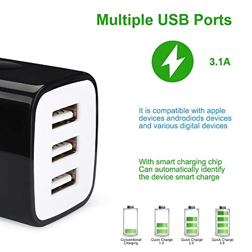 Wall Charger Adapter, USB Cubes, Sicodo 3Pack Universal Travel 3.1A 3 Muti - color: 3Pack-Black